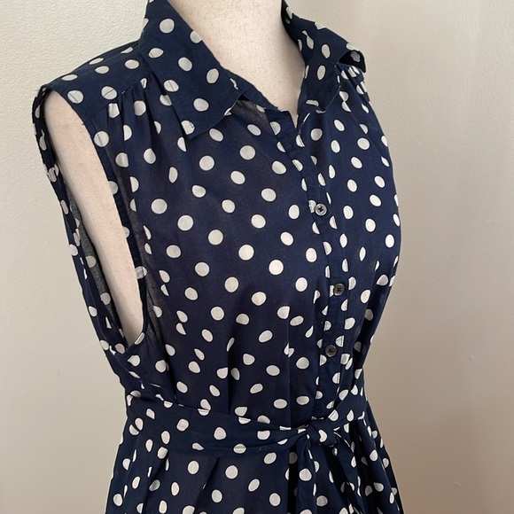 J.Crew Blue White Polka Dot Cotton Tunic Shirt M Sleeveless Belted Pockets - Picture 7 of 8